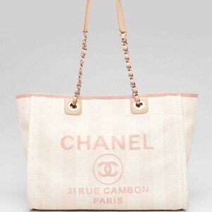 Chanel Pink Striped Canvas Deauville Medium Shopping Tote Bag